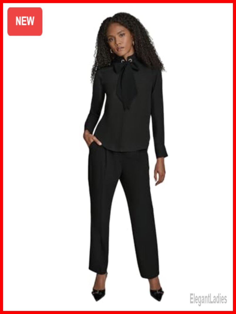 Long Sleeve Tie Neck Mixed Media Woven Blouse